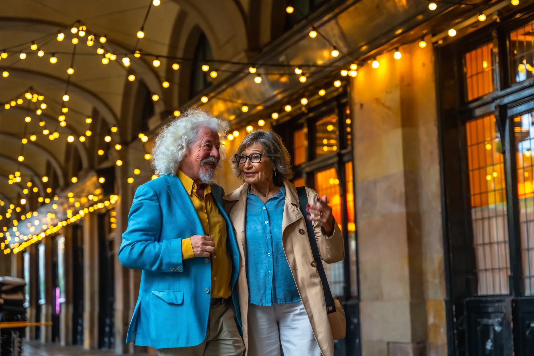 A couple on a city street under string lights